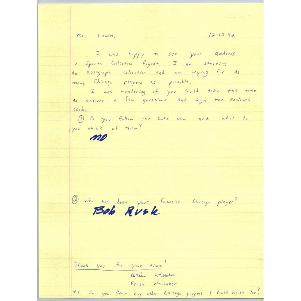 Bob Rusk Autograph Signed Handwritten Letter Chicago Cubs Baseball 1992